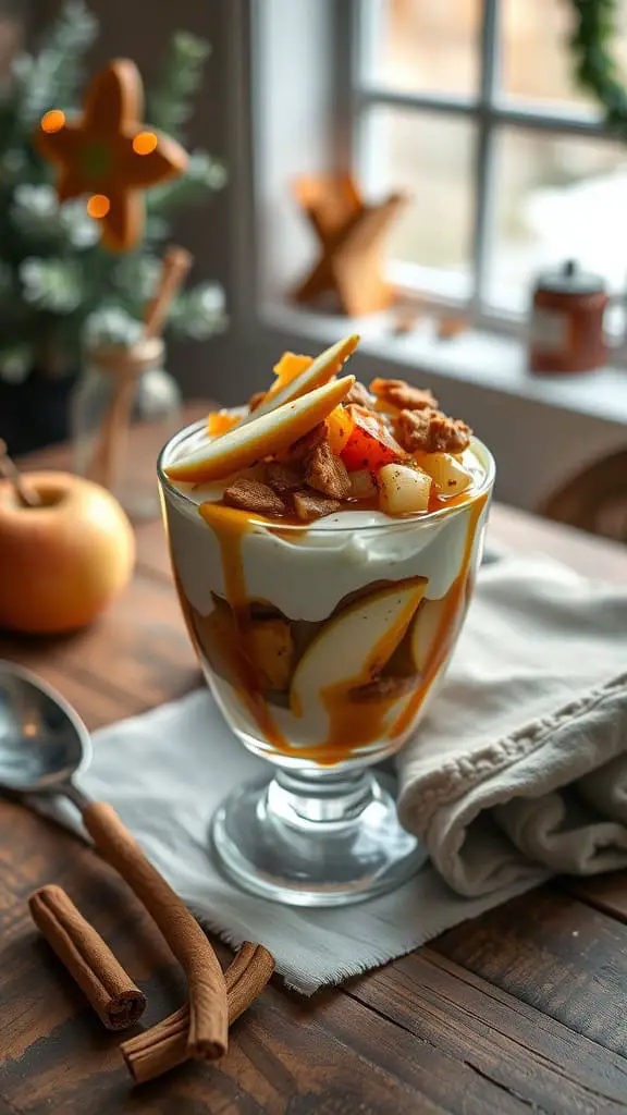 A delicious caramel apple parfait with layers of cinnamon yogurt, caramel sauce, and apple chunks.