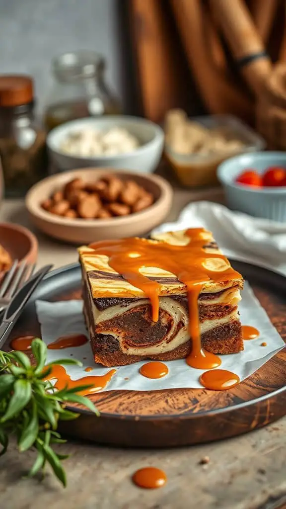 A decadent slice of caramel swirl cream cheese brownies on a plate, topped with a drizzle of caramel sauce.