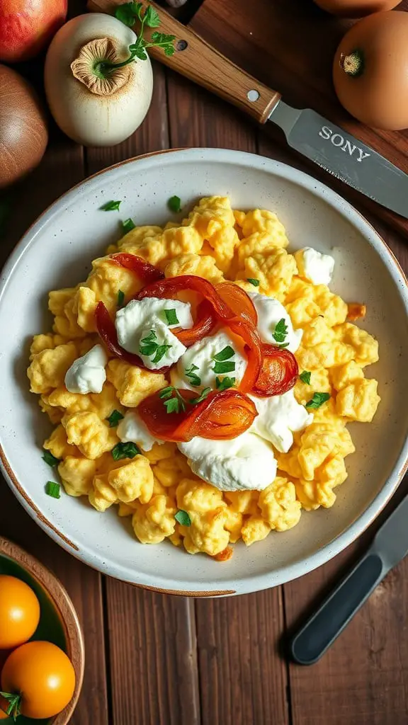 A bowl of scrambled eggs with cottage cheese topped with caramelized onions and parsley.