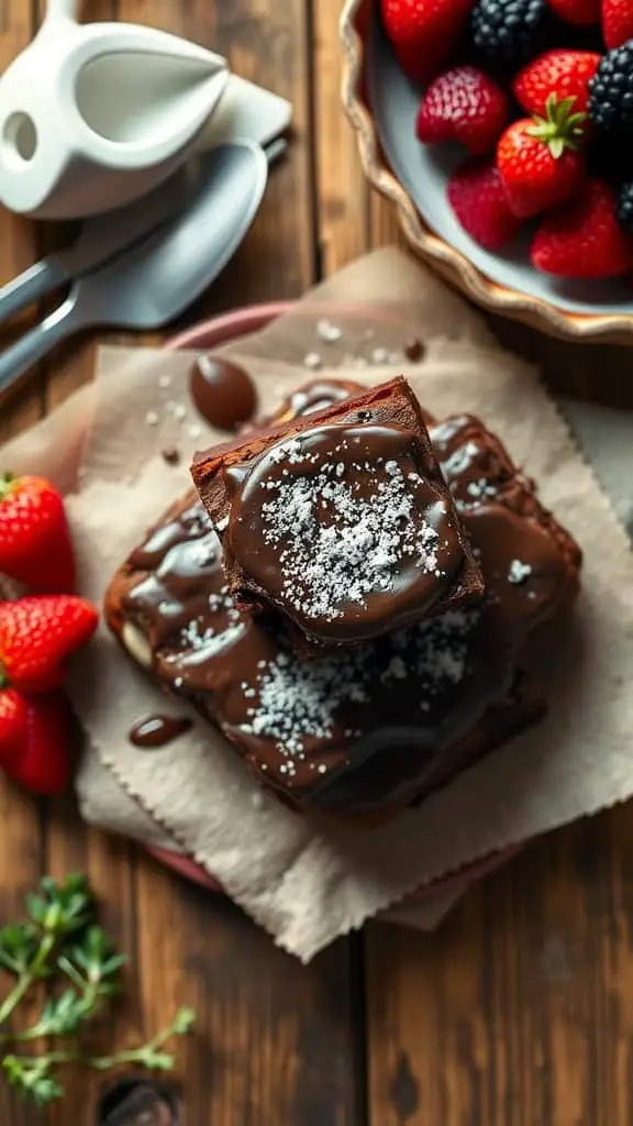 Delicious cottage cheese brownies topped with chocolate and garnished with berries