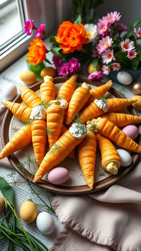 Carrot-shaped puff pastries filled with cream cheese and fresh dill