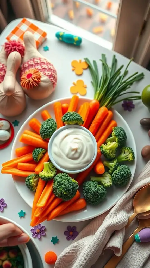 A colorful carrot-shaped veggie platter with baby carrots, broccoli, and ranch dressing.