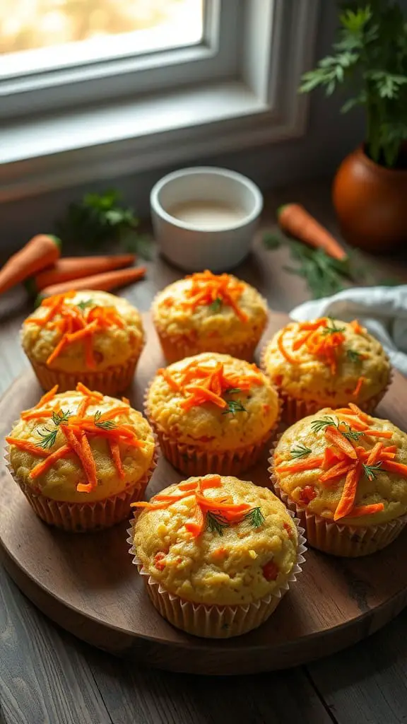 Carrot and Dill Egg White Muffins on a wooden platter