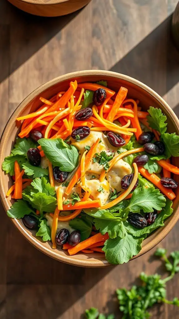 Fresh Carrot and Raisin Spring Salad with greens and dressing