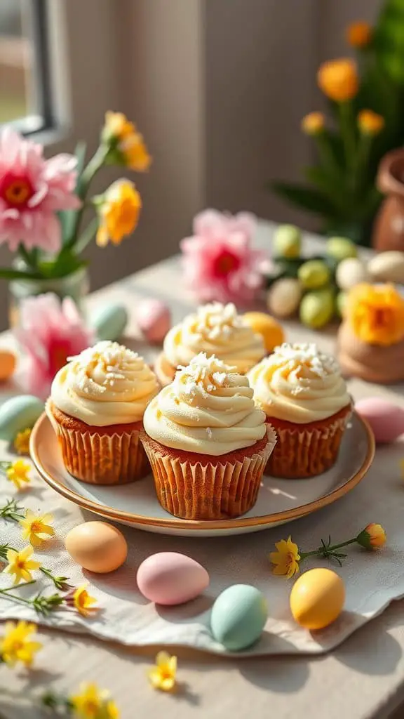 Delicious carrot cake cupcakes topped with cream cheese frosting and coconut, perfect for Easter.