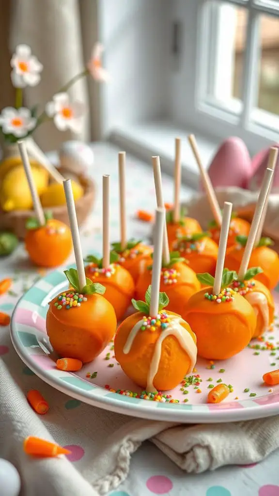 Plate of carrot cake pops decorated with orange candy melts and sprinkles