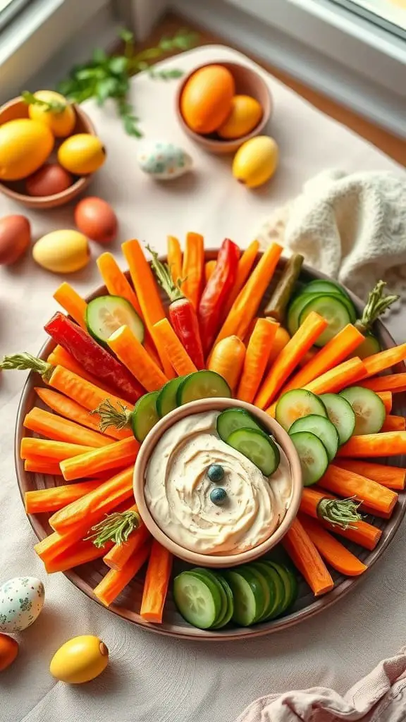 A vibrant carrot patch board featuring baby carrots, hummus, and cucumber slices arranged to resemble carrot tops, perfect for Easter gatherings.