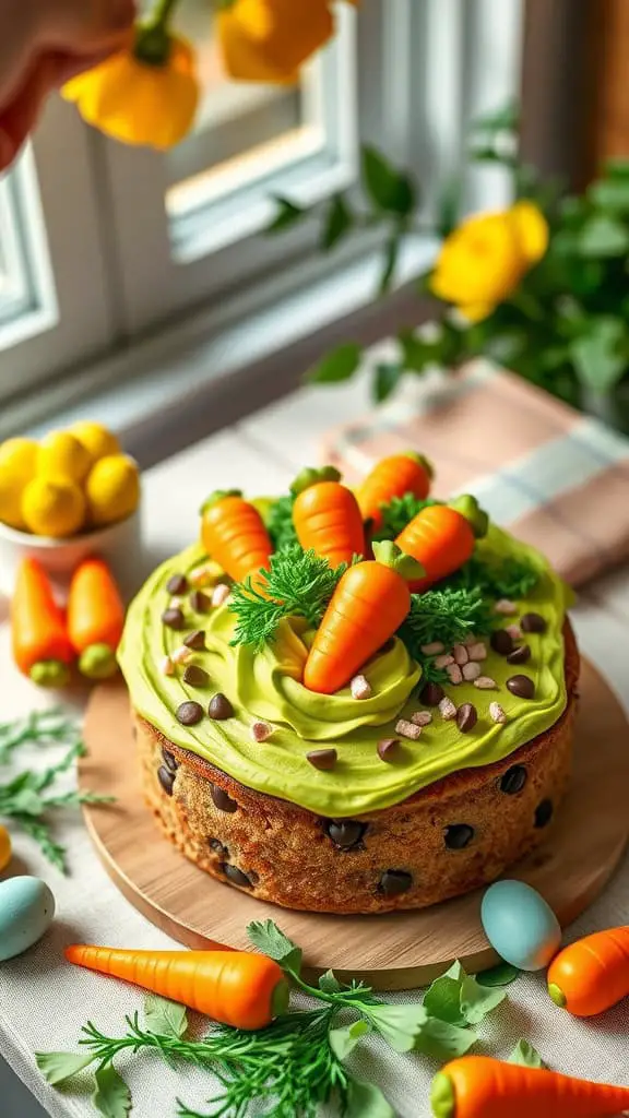 A delicious Carrot Patch Cookie Cake topped with green frosting and orange carrot-shaped candy melts.