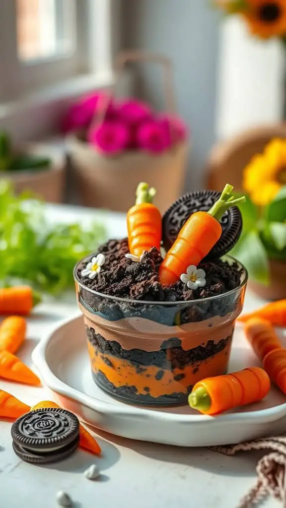 Delicious Carrot Patch Dirt Cups with chocolate pudding, crushed Oreos, and candy melt carrots.