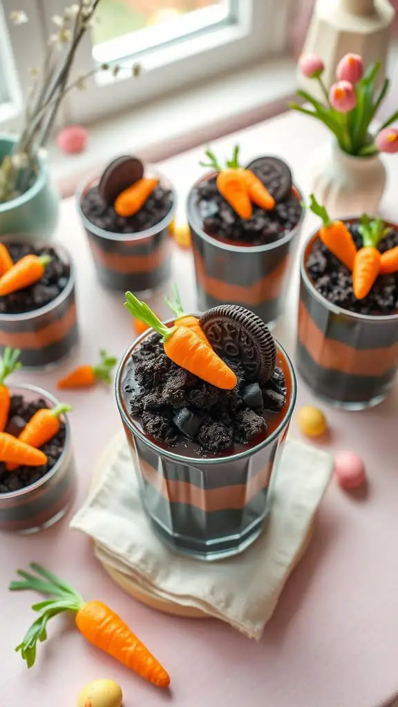 Carrot Patch Dirt Cups with chocolate pudding, crushed Oreos, and gummy carrots