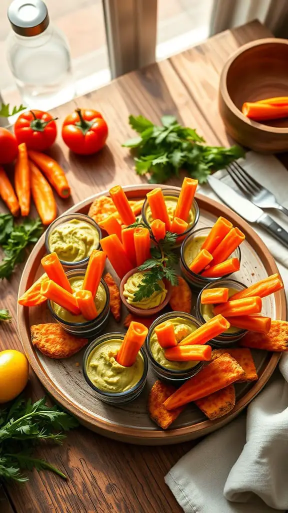 Carrot sticks and guacamole cups arranged on a platter for an easy healthy snack.