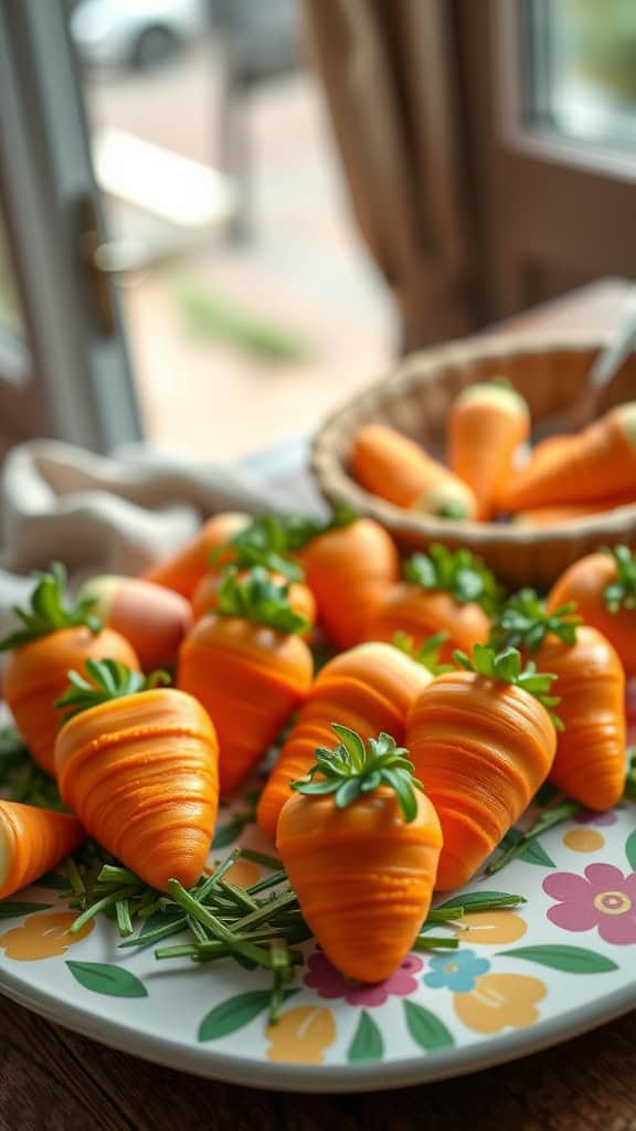 Carrot-shaped strawberry desserts decorated with orange candy melts and green sprinkles