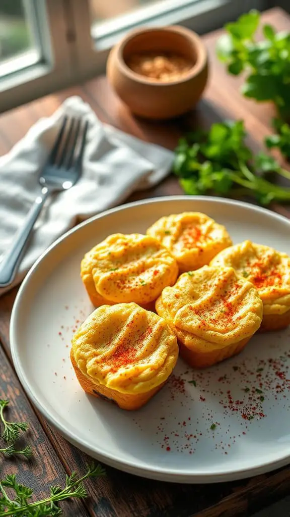 Cauliflower Rice Egg White Muffins on a plate with herbs