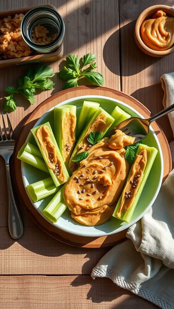 Celery sticks filled with peanut butter on a plate, garnished with chia seeds and honey.