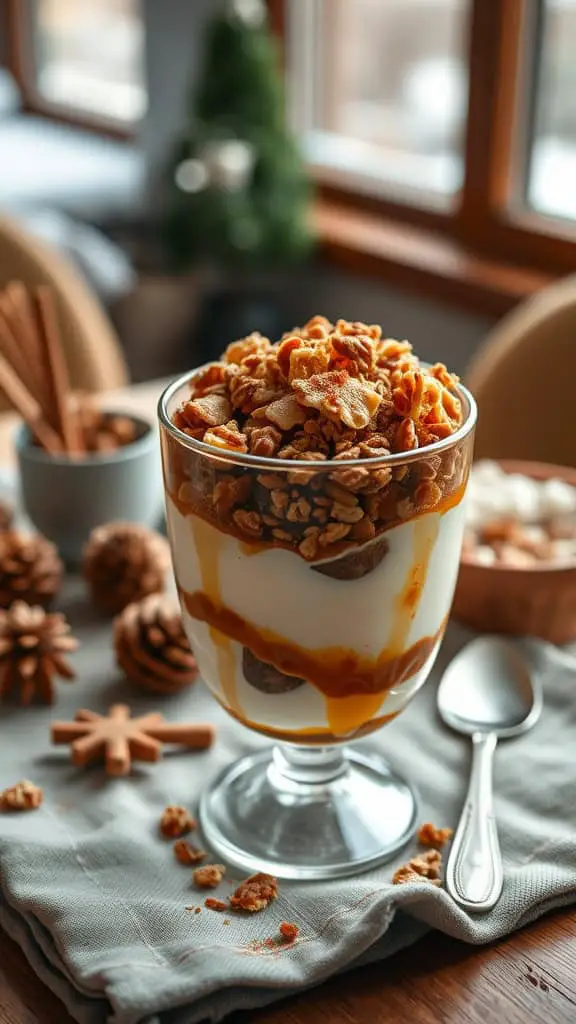 Chai spiced yogurt parfait layered with granola and honey