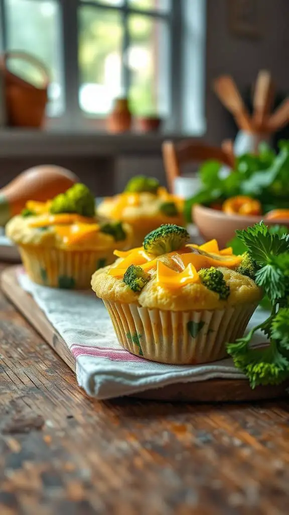 Close-up of Cheddar and Broccoli Egg White Muffins, showcasing the vibrant green broccoli and melted cheese topping.