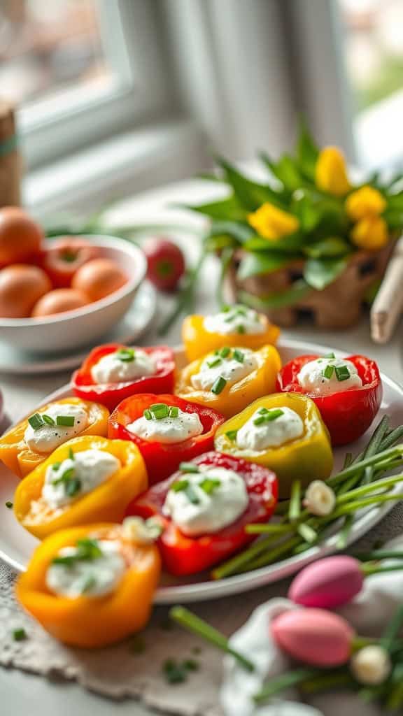 Cheese-stuffed mini sweet peppers filled with goat cheese and chives on a plate.