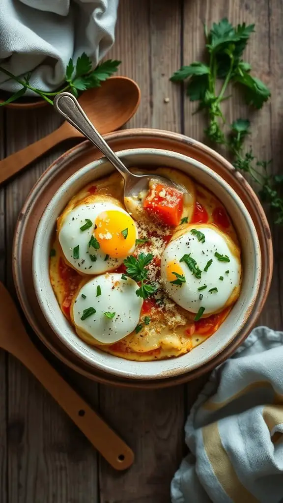 Cheesy Baked Cottage Cheese Eggs with Mozzarella and Parmesan served in a bowl