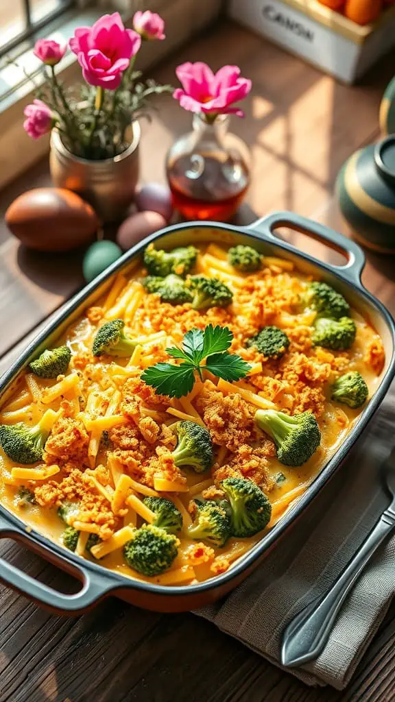 A delicious cheesy broccoli casserole topped with crushed crackers and cheddar cheese.