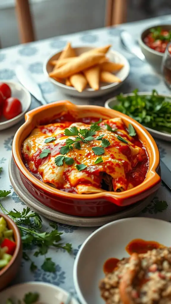 Cheesy Enchilada Casserole with toppings and sides for a Superbowl party