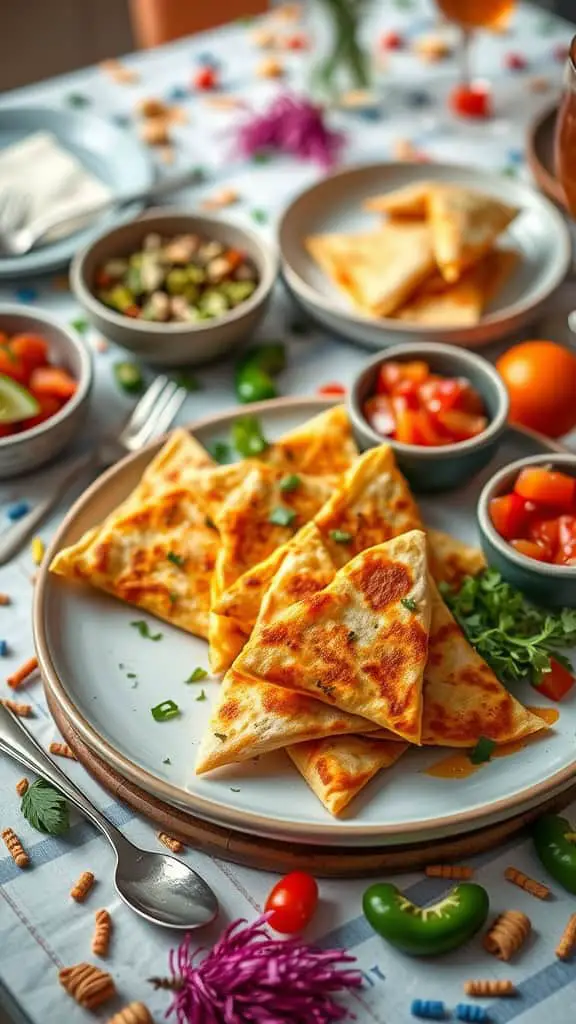 Cheesy quesadilla triangles served with salsa and fresh toppings.