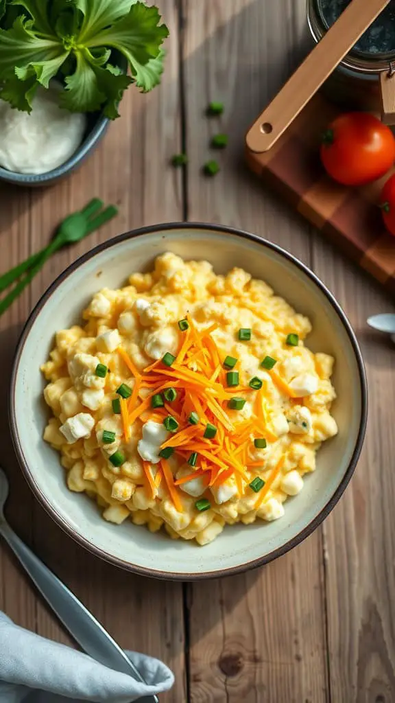 A bowl of cheesy scrambled eggs with cottage cheese topped with shredded cheese and chives