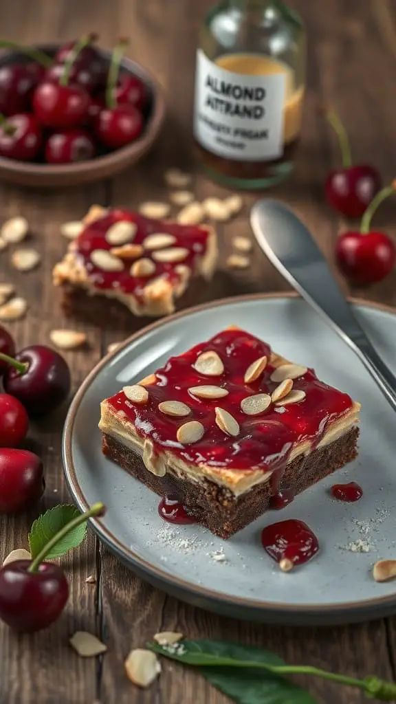 Delicious cherry almond cream cheese brownies topped with cherry preserves and almonds on a plate