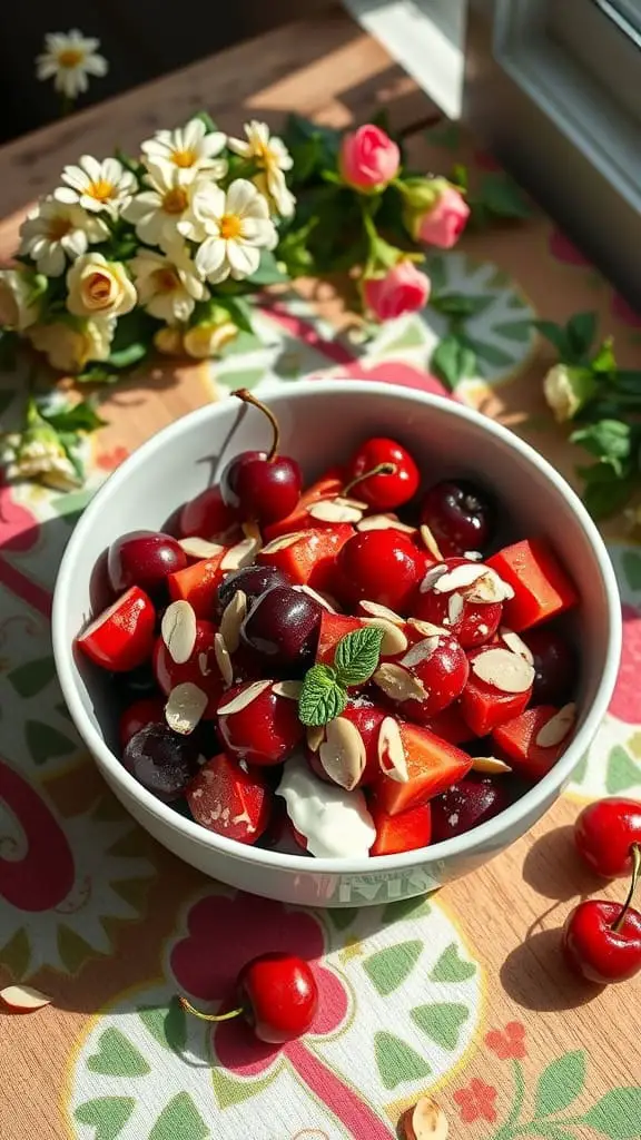 A bowl of Cherry Almond Fruit Salad with cherries, diced apples, sliced almonds, and a yogurt drizzle.