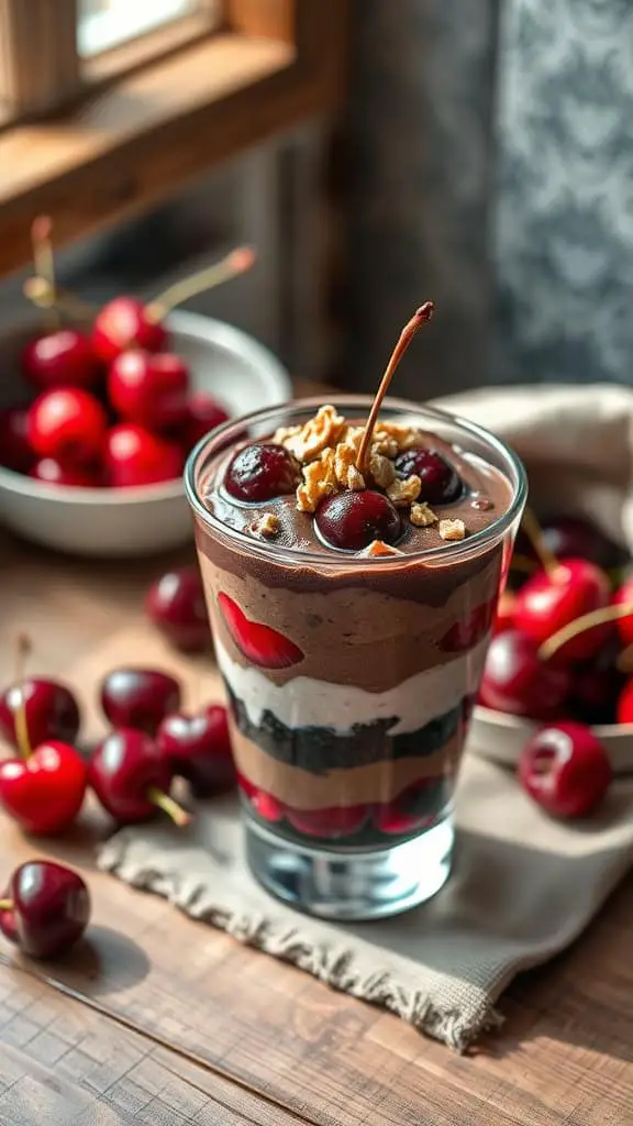 A delicious Cherry Chocolate Parfait with layers of chocolate yogurt, cherry compote, and crushed walnuts.