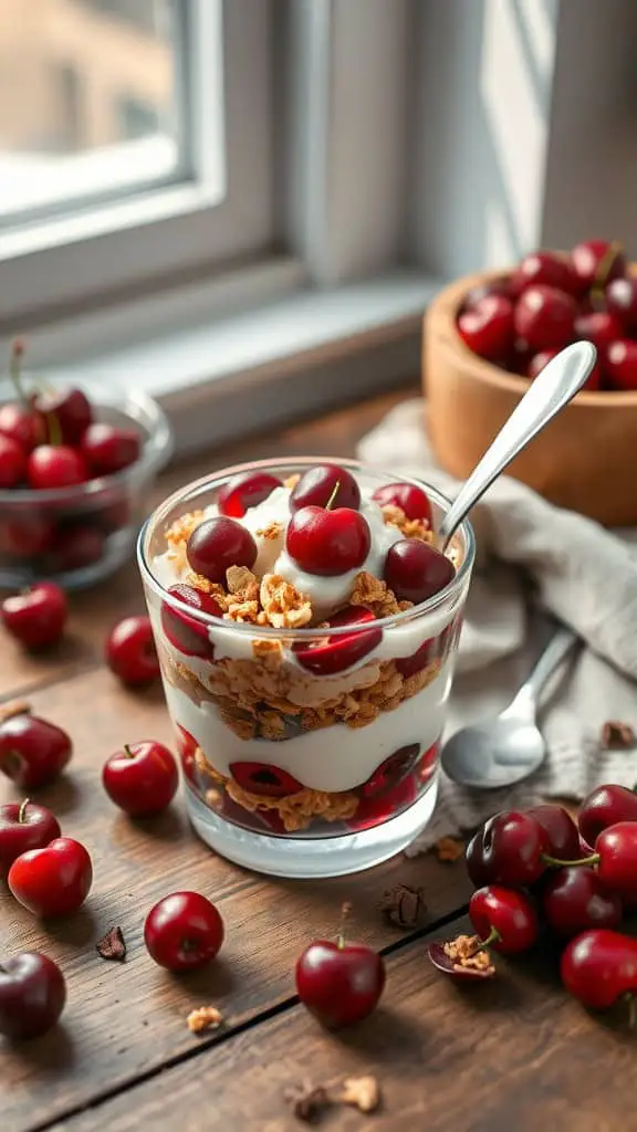 A delicious cherry yogurt parfait with layers of yogurt, fresh cherries, and granola