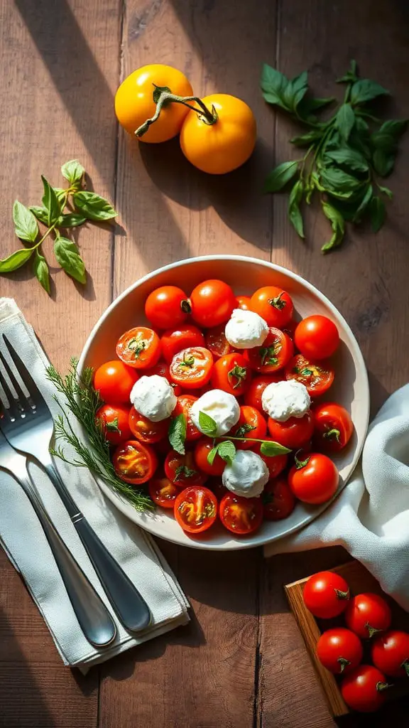 A plate of cherry tomatoes stuffed with light cheese and garnished with fresh herbs.