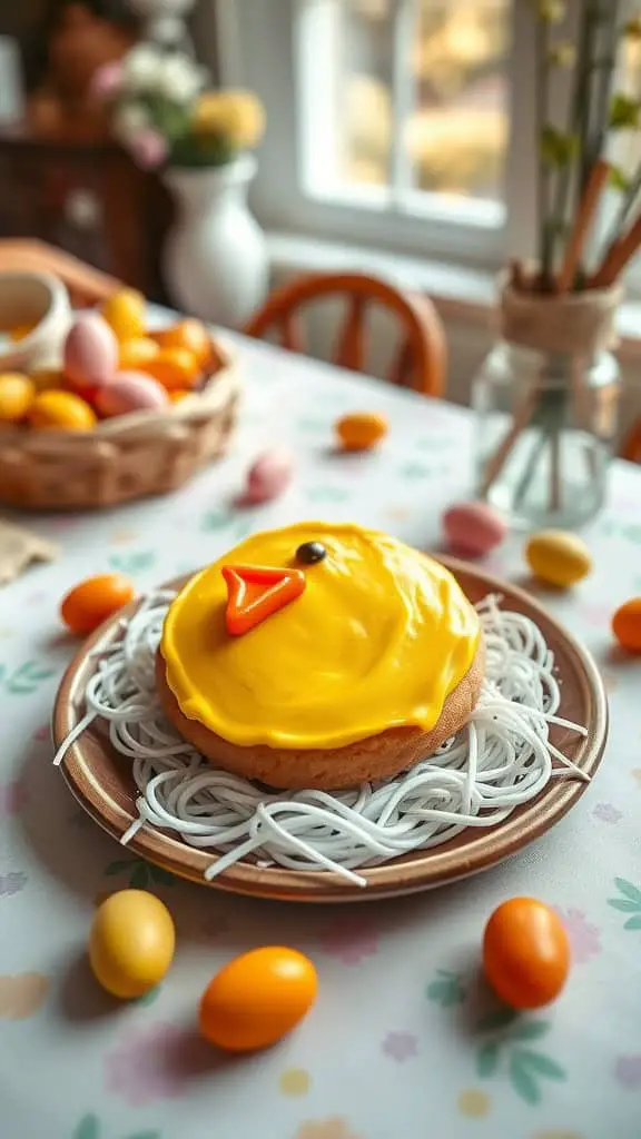 Chick Cookie Cake with yellow frosting and candy decorations