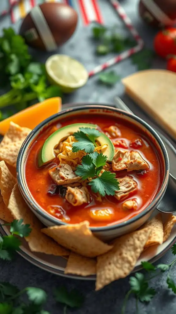 Bowl of chicken tortilla soup with tortillas and avocado