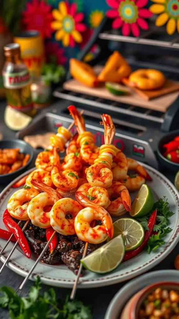 Chili Lime Shrimp Skewers on a plate with lime and chili garnishes