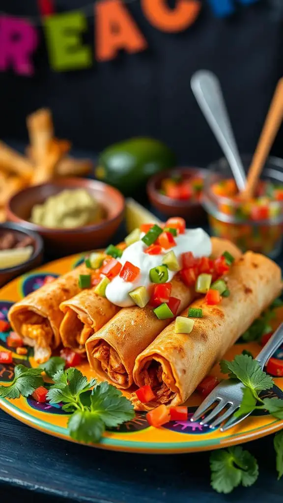 Delicious Chipotle Chicken Flautas served with toppings