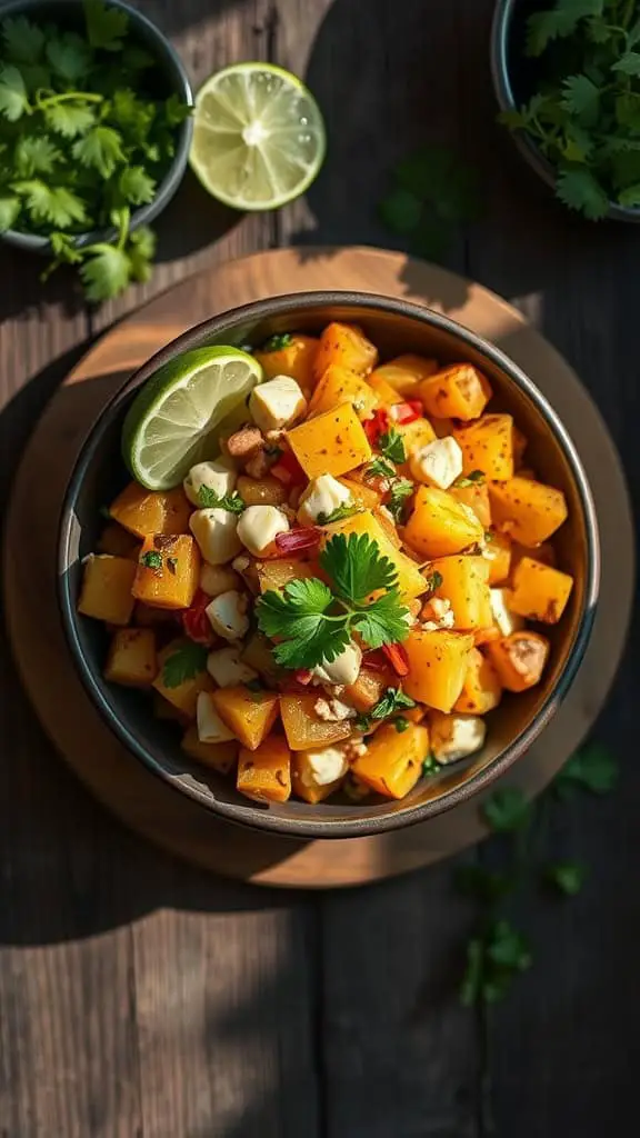 A bowl of Chipotle Mexican Potato Salad with diced potatoes, lime, and cilantro.