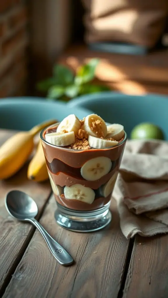 Choco-Banana parfait with layers of chocolate pudding, banana slices, and crushed graham crackers in a glass.