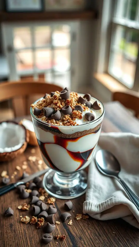 A delicious Choco-Coconut breakfast parfait with layers of coconut yogurt, granola, and chocolate chips