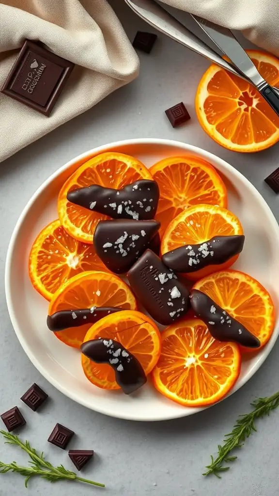 Chocolate-dipped oranges with sea salt on a plate.