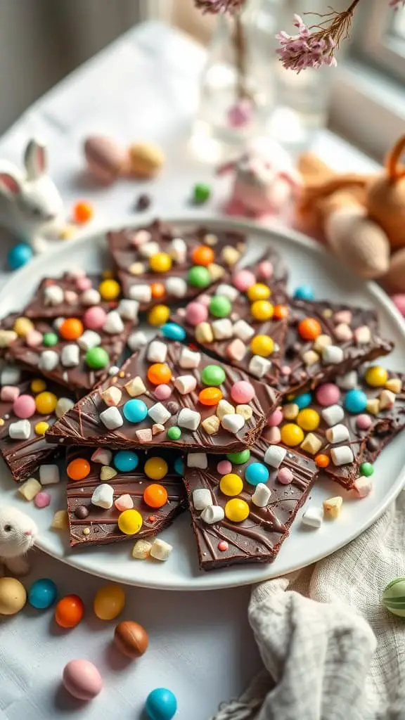 A plate of colorful Chocolate Bunny Bark with pastel M&Ms and mini marshmallows.