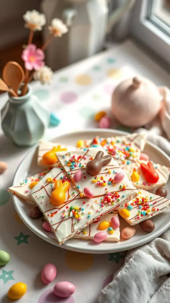 Colorful chocolate bunny bark made with white chocolate, mini chocolate bunnies, and sprinkles.