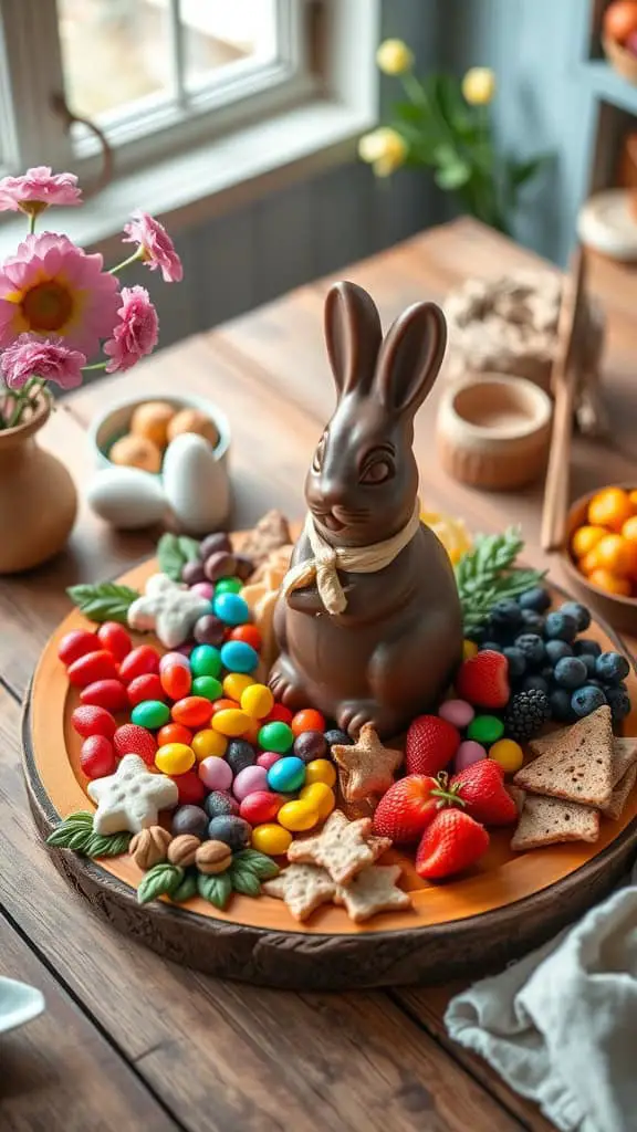 Chocolate bunny with assorted candies and berries on a wooden board