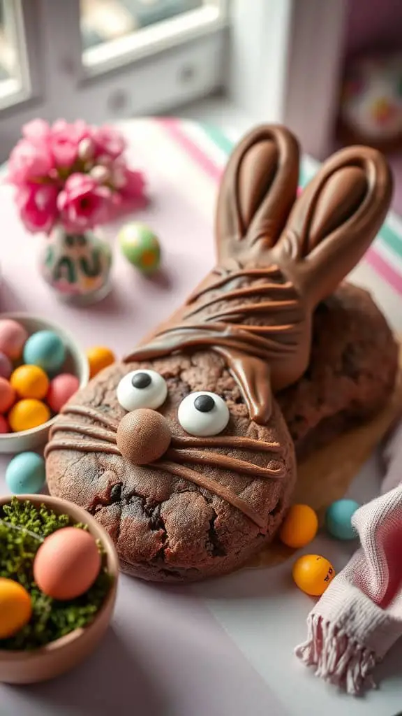 Chocolate Bunny Cookie Cake with candy eyes and chocolate frosting