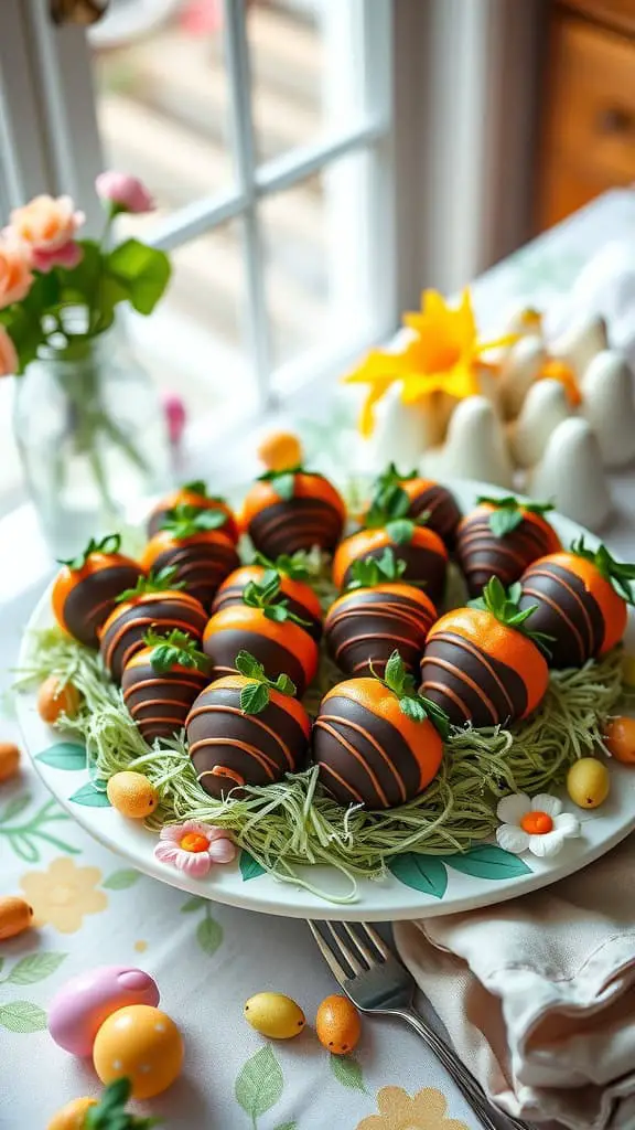 Chocolate Carrot Strawberries decorated with orange candy melts and green icing.