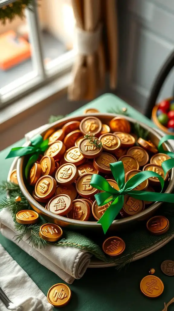 A decorative display of chocolate gold coins with green ribbons on a festive table.