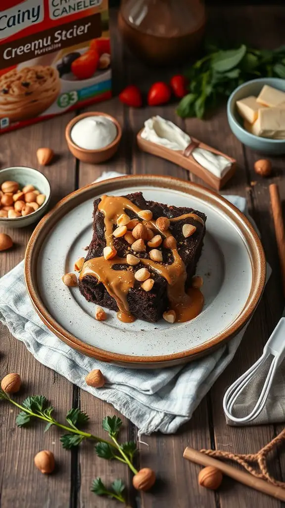 Delicious chocolate hazelnut cream cheese brownies on a plate with hazelnuts scattered around