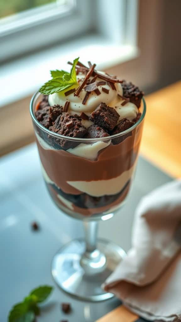 Chocolate Lovers Parfait with chocolate yogurt, brownie chunks, and whipped cream