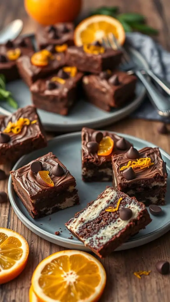 Delicious chocolate orange cream cheese brownies with chocolate chips and orange zest