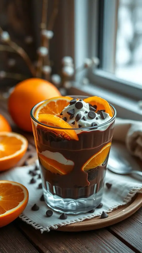 Chocolate Orange Parfait with chocolate yogurt, orange segments, and chocolate chips in a glass