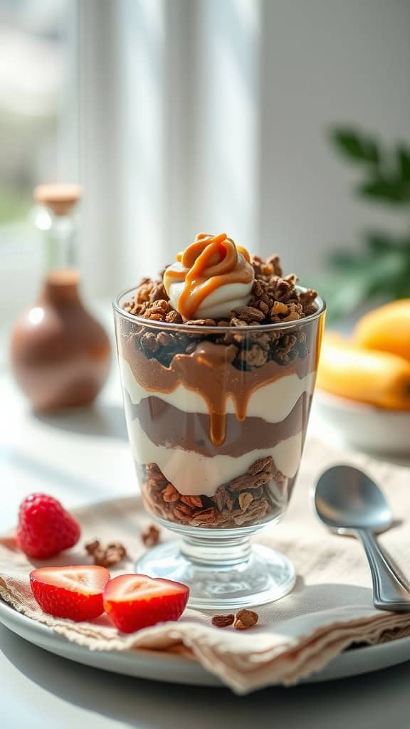 Chocolate peanut butter yogurt parfait with granola and berries